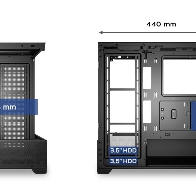 Caixa de computador preta com especificações e dimensões visíveis