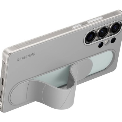 Telemóvel Samsung cinza com três câmaras e suporte flexível cinza na parte traseira