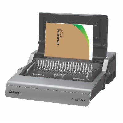 Máquina encadernadora Fellowes Galaxy E 500 com caderno financeiro na vertical