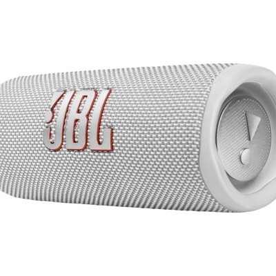 Coluna portátil JBL cinzenta clara com logótipo em branco e vermelho