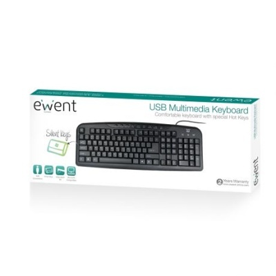 Teclado USB Ewent Multimedia preto com teclas silenciosas em caixa branca verde