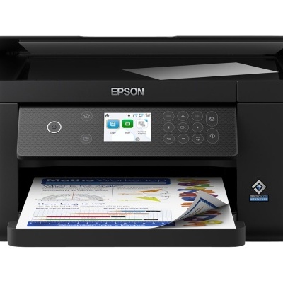 Impressora multifunções Epson preta com visor digital e teclado numérico