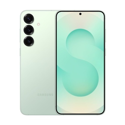 Smartphone Samsung verde claro com três câmaras traseiras e ecrã frontal com furo para câmara selfie