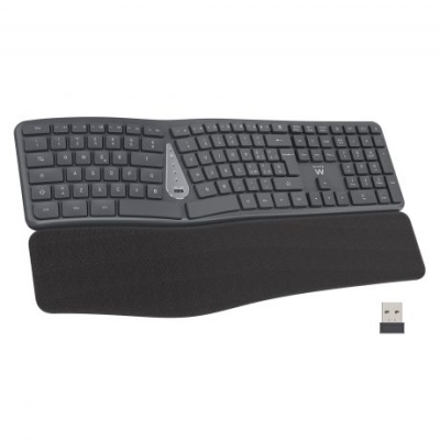 Teclado sem fios ergonómico preto com apoio de pulso