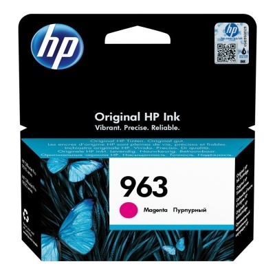 Embalagem de tinteiro original HP 963 magenta com ilustração de borboletas azuis