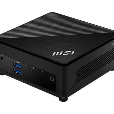 Mini PC preto MSI com entradas USB e botão de ligar em fundo branco