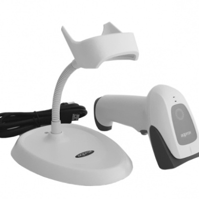 Leitor de código de barras com suporte e cabo em fundo branco