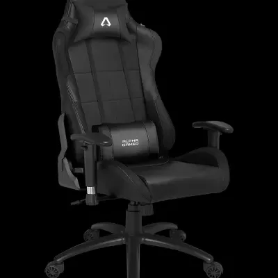 Cadeira de gaming preta com apoios de braço e almofadas ALPHA GAMING
