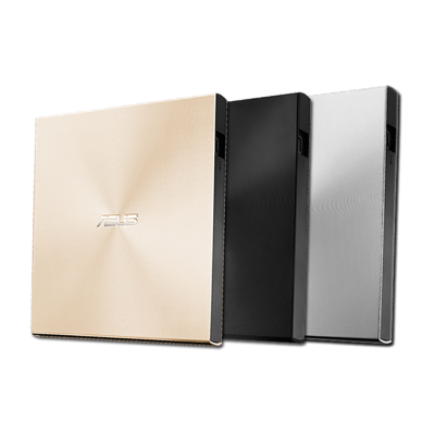 Dispositivos externos ASUS nas cores bege, preto e prateado