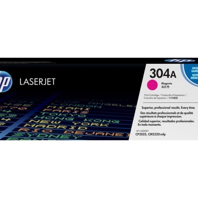 Embalagem de tinteiro HP LaserJet 304A cor magenta para impressoras.