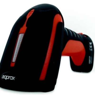 Leitor de códigos de barras preto com detalhes vermelhos e faixa refletora