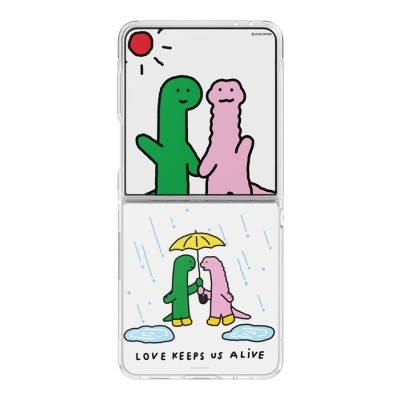 Telemóvel dobrável com desenho de dinossauros e texto LOVE KEEPS US ALIVE