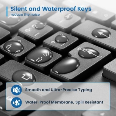 Teclado preto com gotas de água e texto sobre características à prova de água e teclas silenciosas