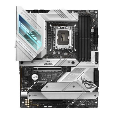 Placa-mãe ASUS ROG STRIX Z790-A GAMING WIFI D4 com dissipadores prateados e slots pretos