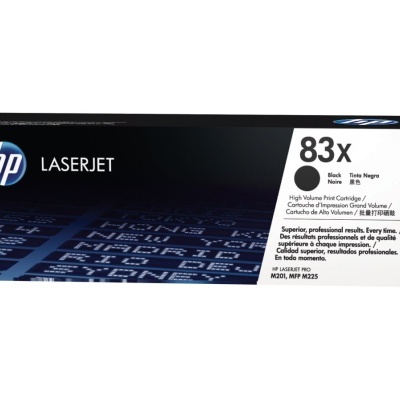 Toner HP LaserJet 83X preto em embalagem com padrão azul e branco