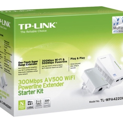 Caixa de kit inicial TP-LINK AV500 WiFi Powerline Extender Starter Kit verde e branco