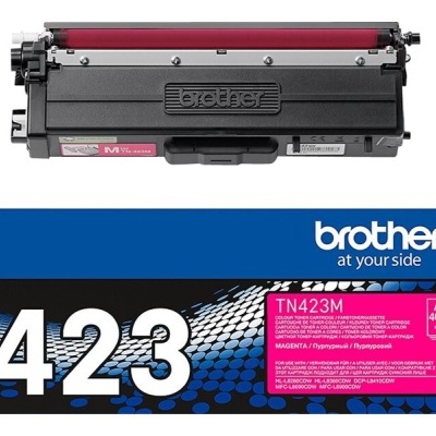Toner Brother TN-423M magenta com embalagem azul preta e rosa
