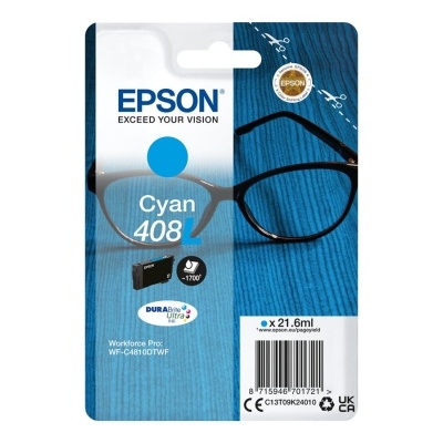 Cartucho de tinta Epson Cyan 408 em embalagem azul com imagem de óculos e texto