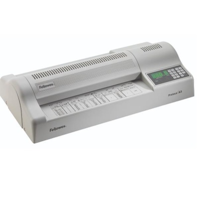 Laminadora cinzenta Fellowes ProSeries A3 com painel digital verde e teclado numérico