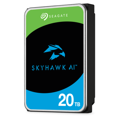 Disco rígido Seagate SkyHawk AI 20TB em preto, verde e azul