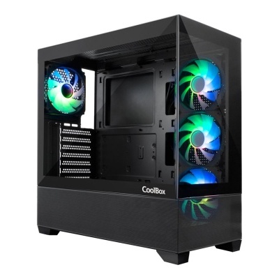 Torre de computador CoolBox preta com ventoinhas LED azuis e verdes e painel lateral em vidro temperado