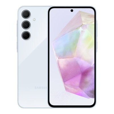 Smartphone branco Samsung com três câmaras traseiras e ecrã colorido