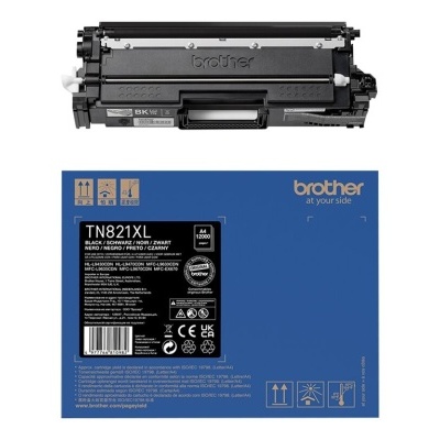 Toner preto Brother TN821XL com caixa azul e texto informativo