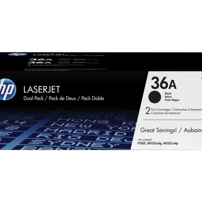 Embalagem dupla de toner HP LaserJet 36A preta com texto em inglês e francês.