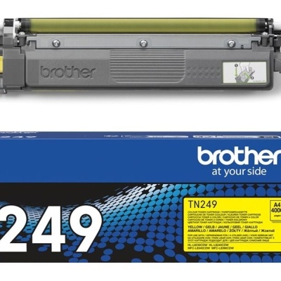 Toner amarelo Brother TN249 com embalagem azul e detalhes em amarelo