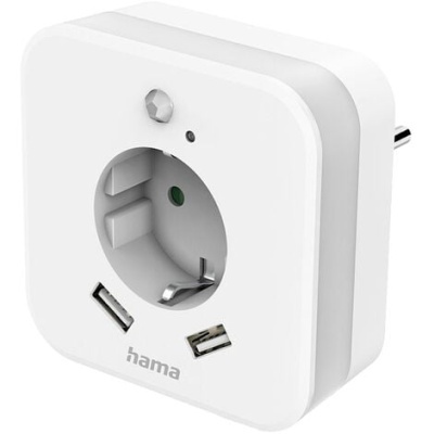 Tomada elétrica branca com duas entradas USB e marca hama