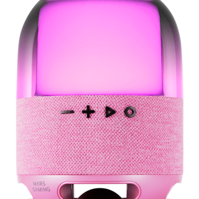 Coluna portátil rosa com luz LED e botões de controlo preto