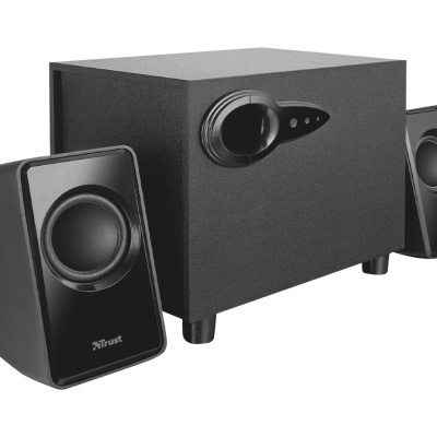 Sistema de colunas de som Trust preto com subwoofer e duas colunas satélite