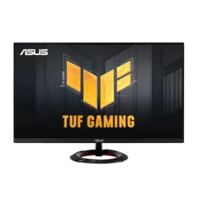 Monitor ASUS TUF GAMING preto com logotipo amarelo no ecrã