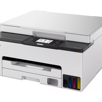Impressora multifuncional Canon branca e preta com ecrã tátil e reservatórios de tinta coloridos