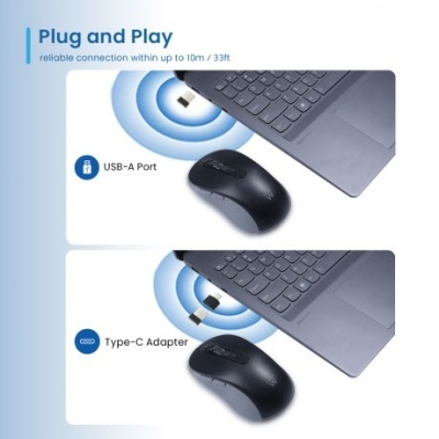 Imagem de rato sem fios preto conectado a portátil via USB-A e Tipo-C