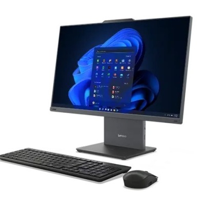 Computador Lenovo com monitor, teclado e rato preto exibindo Windows 11.