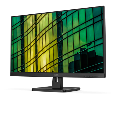 Monitor preto curvo com imagem de prédios verdes e amarelos