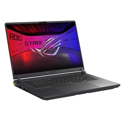 Computador portátil ASUS ROG Strix aberto com gráfico colorido no ecrã e teclado retroiluminado.