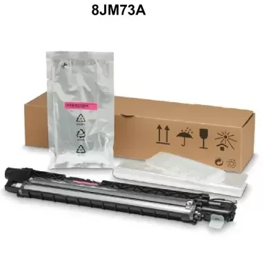 Kit de peças de impressora com rolo preto, sacos plásticos e caixa castanha com ícones de cuidado