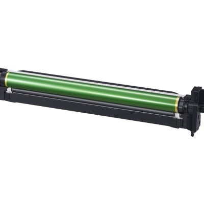 Toner de impressora cilíndrico verde com componentes pretos