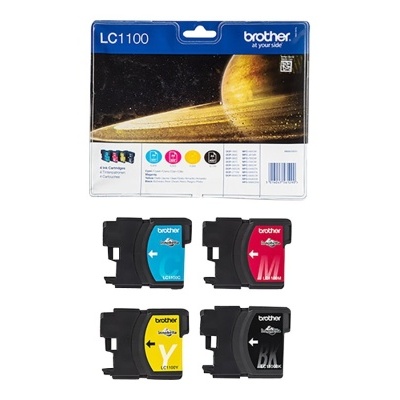 Conjunto de tinteiros Brother LC1100 ciano, magenta, amarelo e preto em embalagem com imagem de planeta