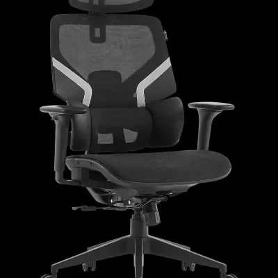 Cadeira de escritório preta com encosto em rede e apoio de cabeça
