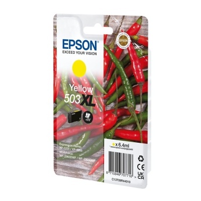 Embalagem de tinteiro Epson Yellow 503XL com pimentas vermelhas e verdes ao fundo