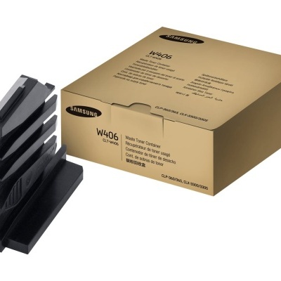 Cartucho de tinta Samsung W406 com embalagem castanha e etiquetas coloridas