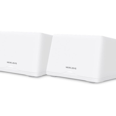 Dois dispositivos brancos quadrados com cantos arredondados e marca MERCUSYS