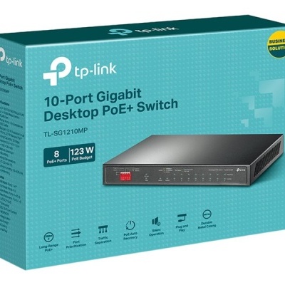 Caixa azul de switch de rede TP-Link com texto e imagem do produto