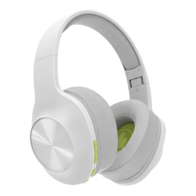 Headphones over-ear brancos com almofadas cinza claro e detalhes verdes.