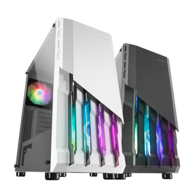 Dois computadores de secretária, um branco e outro preto, com ventoinhas LED coloridas e design moderno