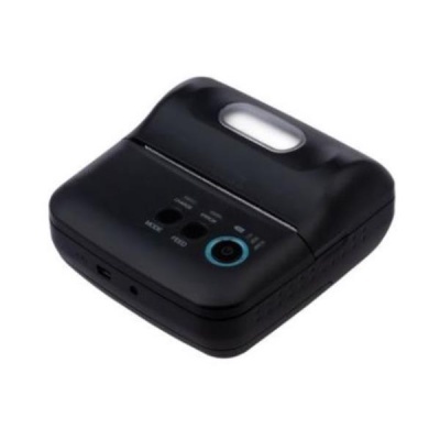 Impressora portátil preta com botão azul e LEDs