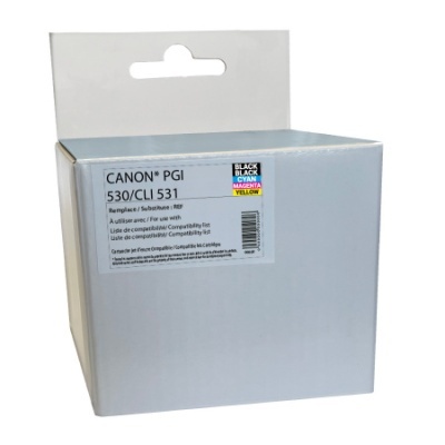 Embalagem branca de tinteiro Canon PGI 530/CLI 531 com etiqueta e cores indicadas